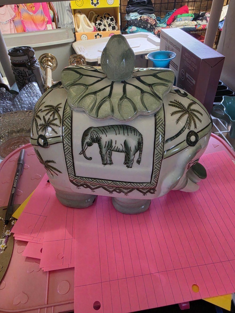 AT-1 Hand-Painted Ceramic Elephant  - White and Green